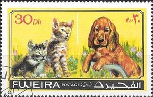Stamp, Cat and dog, Fujairah (Fujeira),  , Animals (Fauna), Cats, Dogs, Mammals