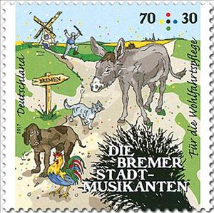 Stamp, Town Musicians of Bremen, Germany, Federal Republic,  , Animals (Fauna), Cats, Dogs, Donkeys, Fairy Tales, Windmills