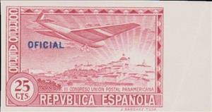 Stamp, Panamerican Postal Union Congress (Oficial), Spain,  , Aircraft, Sun, Townscapes / City Views