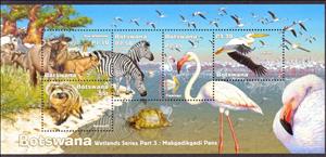 Souvenir Sheet, Wetlands Fauna, Botswana,  , Animals (Fauna), Antelopes, Birds, Buffaloes, Flamingos, Mammals, Pelicans, Turtles, Zebras