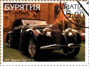 Stamp, Bugatii Type 57C 1937, Cinderellas,  , Cars
