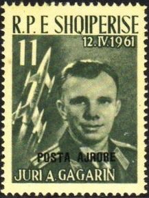 Yuri Gagarin and Vostok 1, overprinted in black