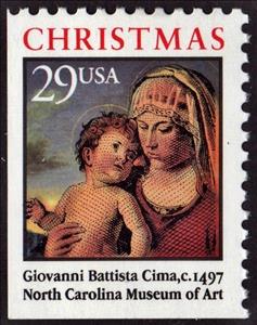 Stamp, Madonna and Child in and Landscape by Giovanni Battista Cima, United States of America,  , Christmas