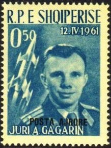 Yuri Gagarin and Vostok 1, overprinted in black