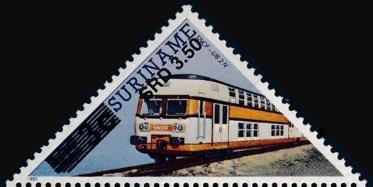 Stamp, Electric Railcar Type IC-III (Over Printed), Suriname,  , Locomotives, Railways, Triangle Stamps