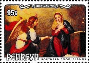 Stamp, The Annunciation by Murillo, Penrhyn,  , Christmas, Painters, Paintings