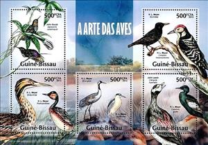 Mini Sheet, Bird art, Guinea-Bissau,  , Animals (Fauna), Birds, Cranes (Birds), Ducks, Woodpeckers