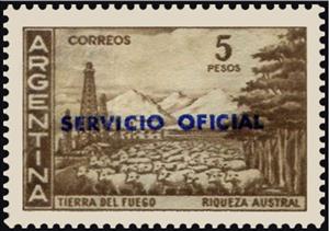 Stamp, Tierra del Fuego, ovpt., Argentina,  , Animals (Fauna), Landscapes, Mammals, Mountains, Petrochemical Industries, Sheep, Trees