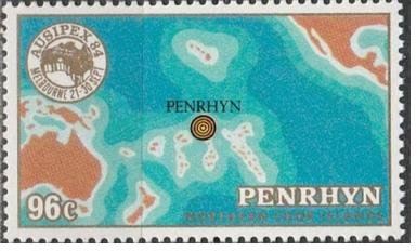 Stamp, Map of the South Pacific and Emblem, Penrhyn,  , Maps, Philatelic Exhibitions