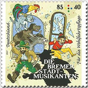 Stamp, Town Musicians of Bremen, Germany, Federal Republic,  , Animals (Fauna), Cats, Dogs, Donkeys, Fairy Tales