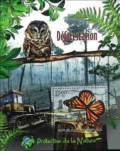Souvenir Sheet, Danaus Plexippus, Burundi,  , Animals (Fauna), Birds, Birds of Prey, Butterflies, Insects, Owls