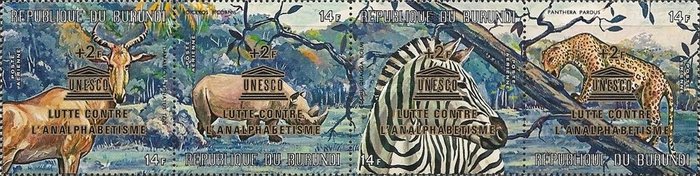 Se-tenant, Animals of the Africane - Surchargerd, Burundi,  , Animals (Fauna), Rhinoceroses, Zebras