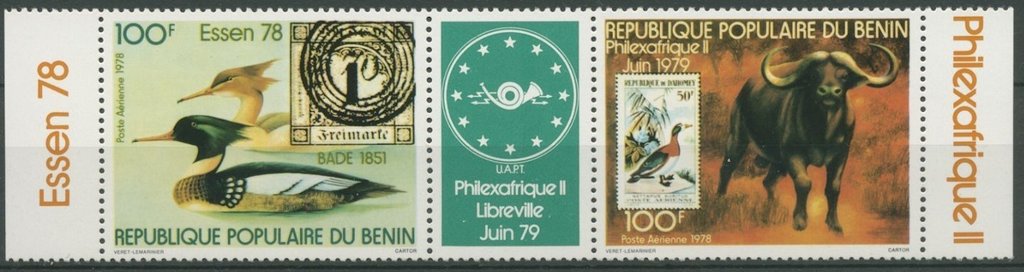 Se-tenant, Philexafrique II, Benin,  , Animals (Fauna), Birds, Buffaloes, Mammals, Philatelic Exhibitions
