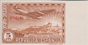 Stamp, Panamerican Postal Union Congress (Oficial), Spain,  , Aircraft, Sun, Townscapes / City Views