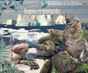 Souvenir Sheet, Charcharodon Carcharias, Burundi,  , Animals (Fauna), Fishes, Mammals, Sea (Marine) Mammals, Sea Life, Seals (Animals), Sharks