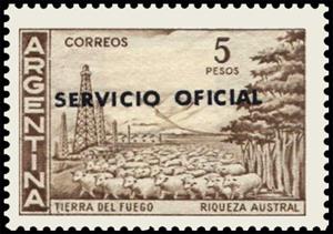 Stamp, Tierra del Fuego, ovpt., Argentina,  , Animals (Fauna), Landscapes, Mammals, Mountains, Petrochemical Industries, Sheep, Trees