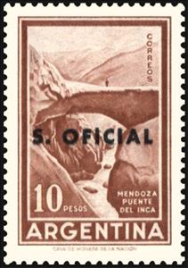 Stamp, Inca Bridge, Mendoza, ovpt., Argentina,  , Bridges, Landscapes, Mountains, Rivers, Rocks