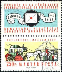 Stamp, Mail coach in front of building, Hungary,  , Mammals, Horses, Postal Traffic, Mailcoaches, Philately, Conferences, Animals (Fauna), Carriages