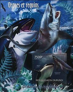 Souvenir Sheet, Orcinus Orca and Charcharodon Carcharias, Burundi,  , Animals (Fauna), Dolphins, Fishes, Mammals, Sea (Marine) Mammals, Sea Life, Sharks