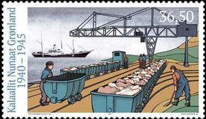 Stamp, Cryolite mine in Ivittuut: workers, goods lorries filled wit, Greenland,  , Second World War