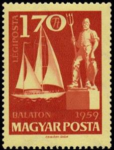 Stamp, Sailing boat "Saturnus" and fishermen statue, Hungary,  , Ships, Sculptures, Sailing, Statues, Lakes, Sailing Ships