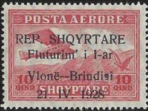 Stamp, Airplane Crossing Mountains, overprinted, Albania,  , Aircraft, Aviation