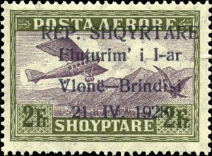Stamp, Airplane Crossing Mountains, overprinted, Albania,  , Aircraft, Aviation