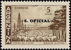 Stamp, Tierra del Fuego, ovpt., Argentina,  , Animals (Fauna), Landscapes, Mammals, Mountains, Petrochemical Industries, Sheep, Trees