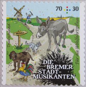 Stamp, Town Musicians of Bremen, Germany, Federal Republic,  , Animals (Fauna), Cats, Dogs, Donkeys, Fairy Tales, Windmills