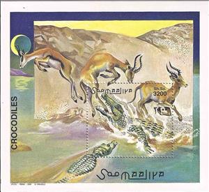 Souvenir Sheet, Crocodylus niloticus, Somalia,  , Animals (Fauna), Antelopes, Crocodiles, Reptiles, Rivers