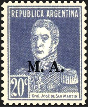 Stamp, José Francisco de San Martín (1778-1850), ovpt. "M.A.", Argentina,  , Famous People, Freedom Fighters, Generals, Heroes, Men, Revolutions