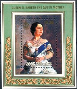 Souvenir Sheet, Queen Mother portrait by Gerald Kelly, Cook Islands,  , Anniversaries and Jubilees, Painters, Paintings, Queens