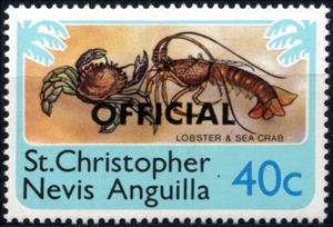 Stamp, Carribean Spiny Lobster, overprint "OFFICIAL", Saint Kitts and Nevis,  , Animals (Fauna), Crabs, Crustaceans, Sea Life