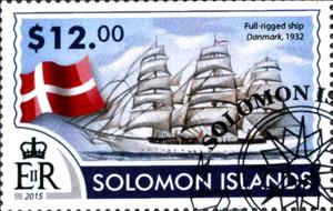 Stamp, Full-rigged ship Danmark, 1932, Solomon Islands,  , Ships