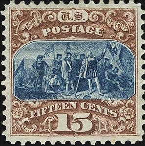 Stamp, Landing of Columbus (1847), painting by John Vanderlyn, United States of America,  