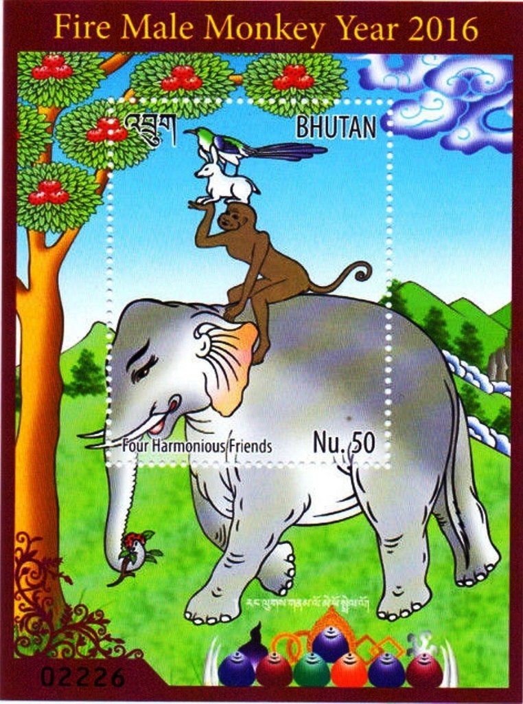Four harmonious friends (bird, rabbit, monkey, elephant)