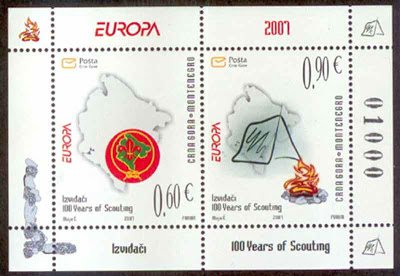 Souvenir Sheet, Europa (C.E.P.T.) 2007 - Scouting, Montenegro,  , Anniversaries and Jubilees, C.E.P.T. / Europe, Commemoration, Fire and Flames, Maps, Scouting, Seals (Emblems)