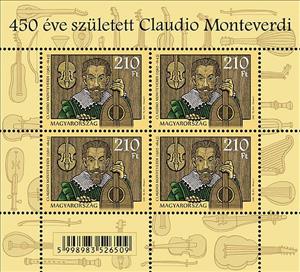 Mini Sheet, Claudio Monteverdi, 1567-1643, Hungary,  , Composers, Famous People, Men, Musical Instruments, Theologians