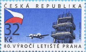 Stamp, 80 years of Prague Airport, Czech Republic,  , Aircraft, Airports, Anniversaries and Jubilees, Flags