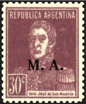 Stamp, José Francisco de San Martín (1778-1850), ovpt. "M.A.", Argentina,  , Famous People, Freedom Fighters, Generals, Heroes, Men, Revolutions