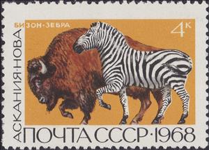 Stamp, American Bison (Bison bison), Plains Zebra (Equus quagga), Soviet Union, USSR,  , Mammals, Zebras, Bisons, National Parks, Animals (Fauna)