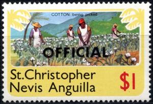 Stamp, Cotton pickers, overprint "OFFICIAL", Saint Kitts and Nevis,  