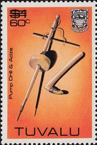 Stamp, Pump drill and adze - surcharged, Tuvalu,  , Crafts, Tools