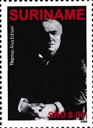 Stamp, Thomas Alva Edison, Suriname,  , Anniversaries and Jubilees, Inventions, Изобретатели