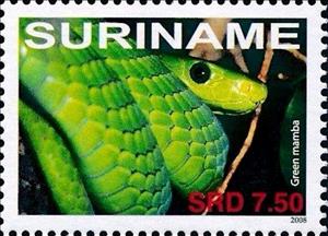 Stamp, Dendroaspis viridis, Suriname,  , Animals (Fauna), Reptiles, Snakes