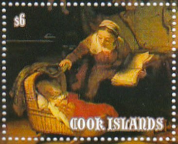 Stamp, Holy Family with Angel by Rembrandt, Cook Islands,  , Christmas, Painters, Paintings