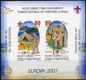 Souvenir Sheet, Europa (C.E.P.T.) 2007 - Scouting, Northern Cyprus,  , Anniversaries and Jubilees, C.E.P.T. / Europe, Commemoration, Fire and Flames, Headgear, Scouting, Seals (Emblems), Uniforms