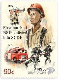 Stamp, 50th Anniversary of National Serivce, Singapore,  , Fire-brigade, Military Forces
