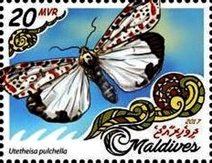 Stamp, Utetheisa pulchella, Maldives,  , Butterflies, Insects