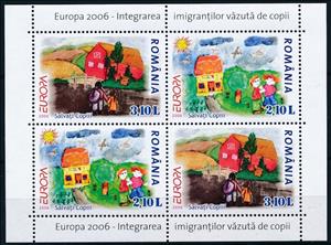 Souvenir Sheet, EUROPA 2006 Integration S/S I, Romania,  , Antiracism, Birds, C.E.P.T. / Europe, Children, Drawings, Houses, Immigrants, Trees